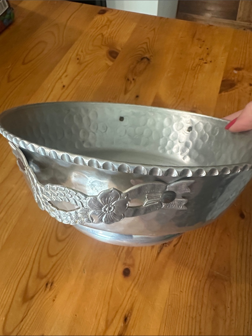Rodney Kent vintage Decorative Hammered aluminum Bowl - Silver Floral Accent